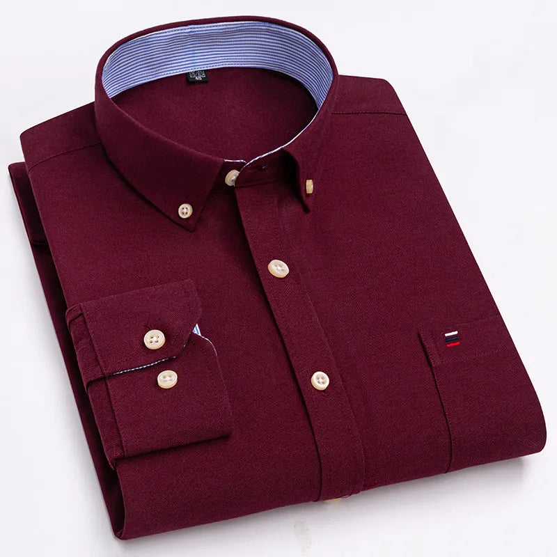 Men's 100% Cotton Shirt Long Sleeve Plaid Oxford Casual Solid Color Print Regular Fit Formal Dress Shirt Oversized 7XL  6XL 5XL