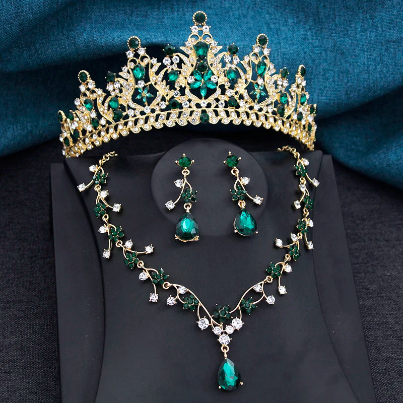 Purple Tiara Flower Bridal Jewelry Sets for Women 3Pcs Tiaras and Necklace Earrings set Wedding Crown Brides Costume Accessories