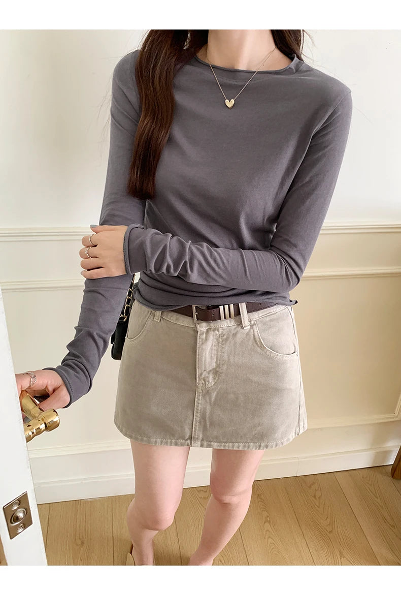 2025 Spring Autumn T shirt Women Tops Solid Slim Fit Long Sleeve O Neck Tshirts Female Casual Streetwear High Quality Base Tees