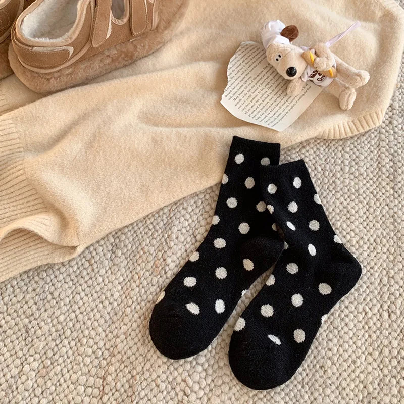 Socks for Women Autumn Winter Thick Warm with Polka Dot Black Maillard Velvet Coffee Mid-tube Socks