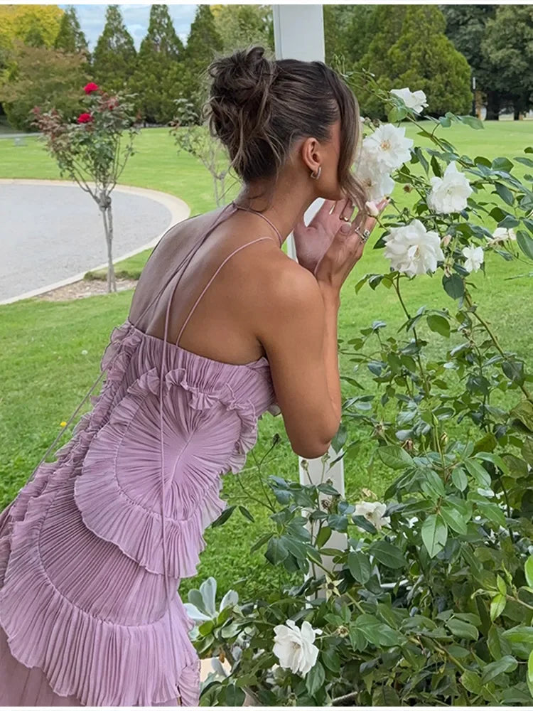 Sweet Gown Neck Strap Modest Irregular Long Dress Ruffle Eye-Catching Women Designers Dresses Summer Elegant Pastel Party Date