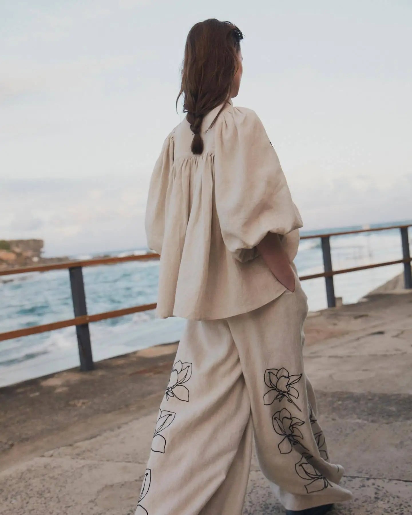 Women Lounge Sets Cotton Linen Stand Collar Lantern Sleeve Loose Flower Tops Wide Leg Oversize Pants Suit Casual Women Outfits