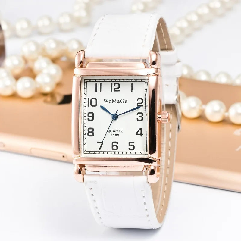Fashion Women Watches Luxury Metal Rose Gold Square Ladies Quartz Wristwatch Rectangle Red Leather Female Clock