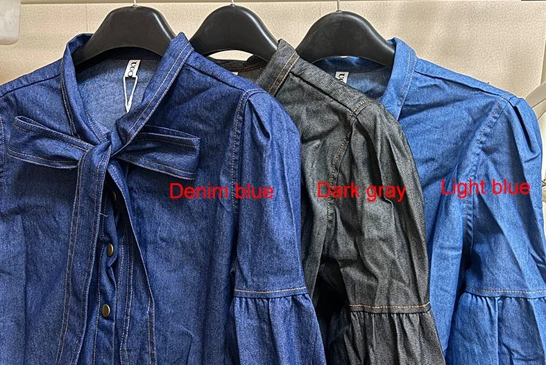 Beautyblue Elegant Women's Imitation Denim Blouse Tops Spring 2025 New Fashion Puff Sleeves Bow-Embellished Female Shirts S-3XL