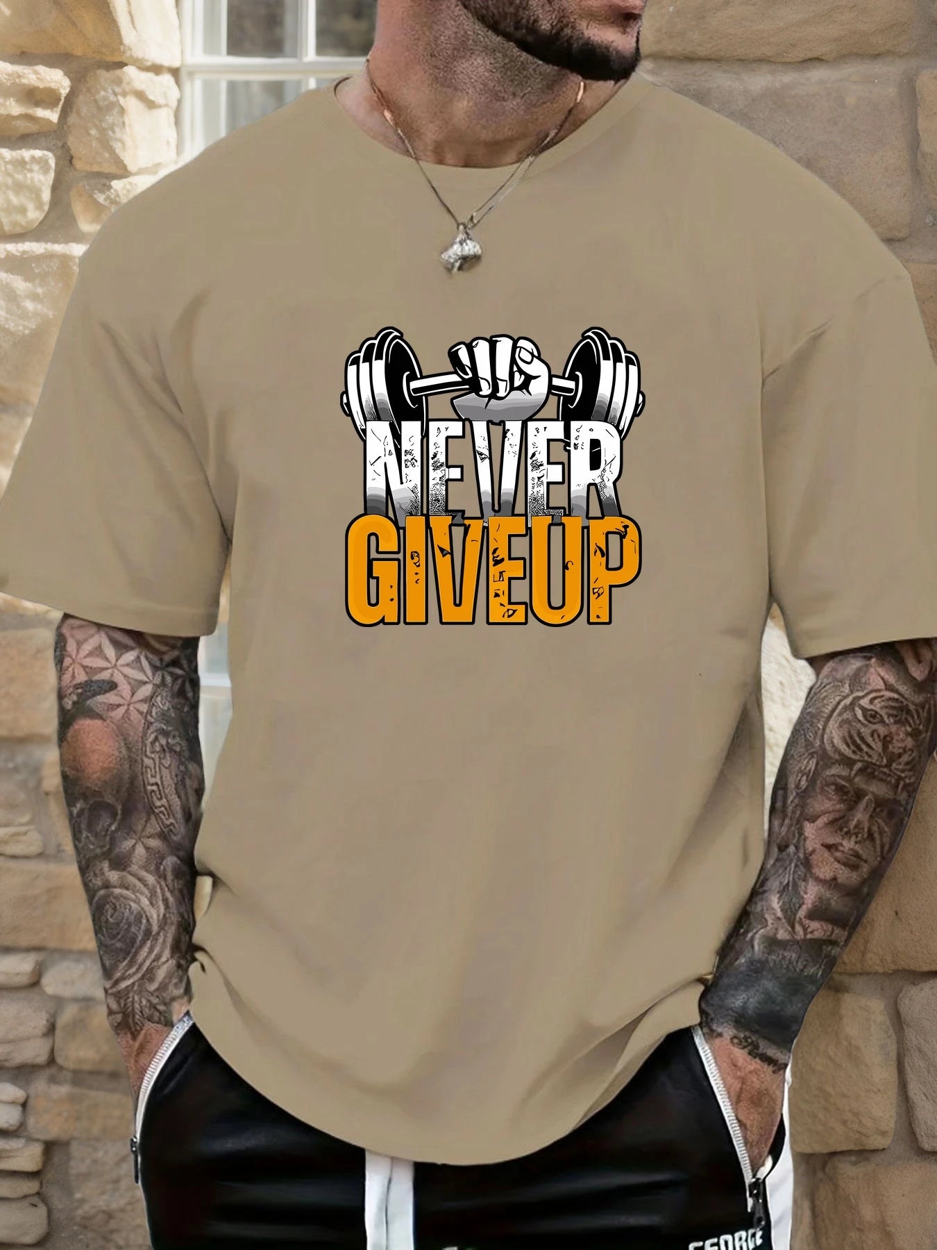 Men's Gym T-shirt Never Give Up Print Short Sleeve Soft Oversized Fitness Daily Wear