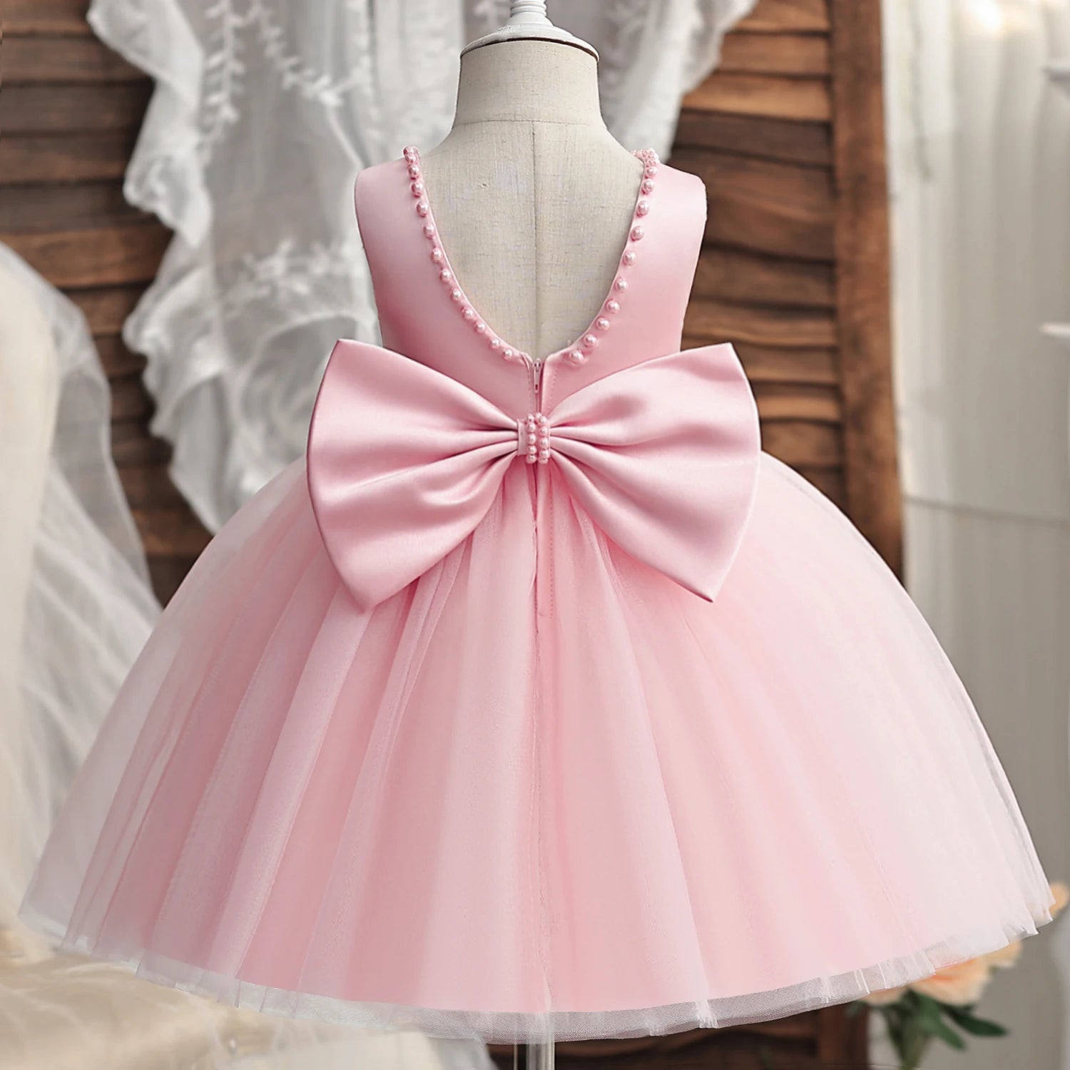 Flower Girl Dresses for Wedding Kids Backless Tulle Tutu  Princess Prom Party Clothes Baby 1st Birthday Baptism White Dress