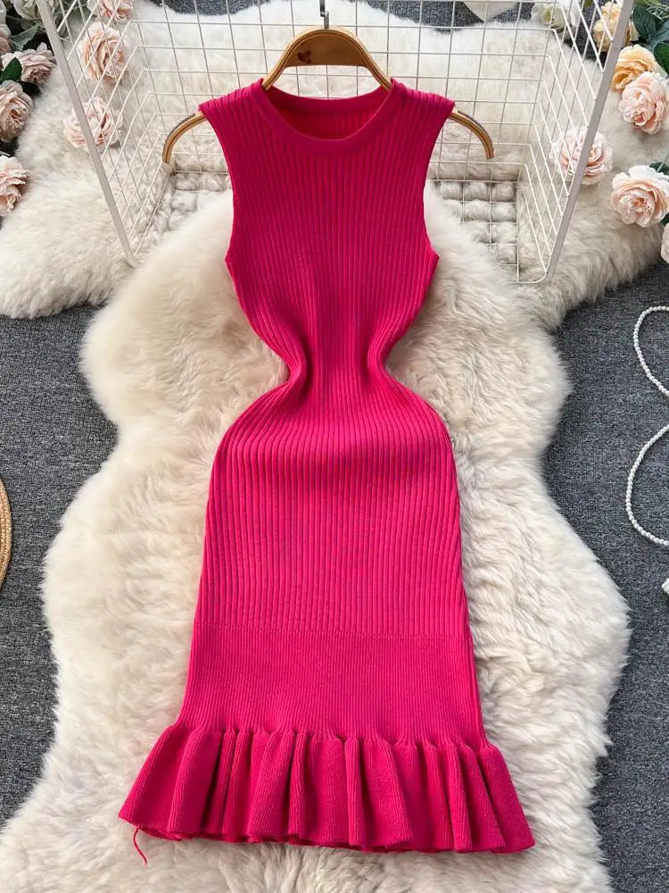 2025 Early Autumn Sexy Package Hips Ruffles Mini Dress Summer Fashion Y2K Knitted Bodycon Ladies Dress Korean Party Vestidos