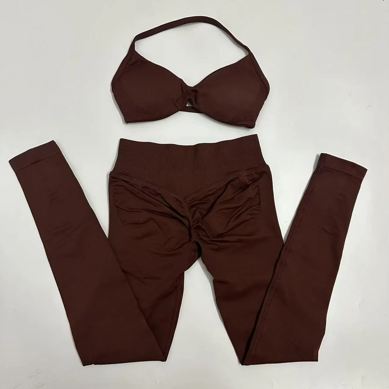 Seamlessyoga Set Women Workout Scrunch Leggings Set Strappy Halter Sports Bra Fitness Gym Clothing Workout Set 2 Pieces