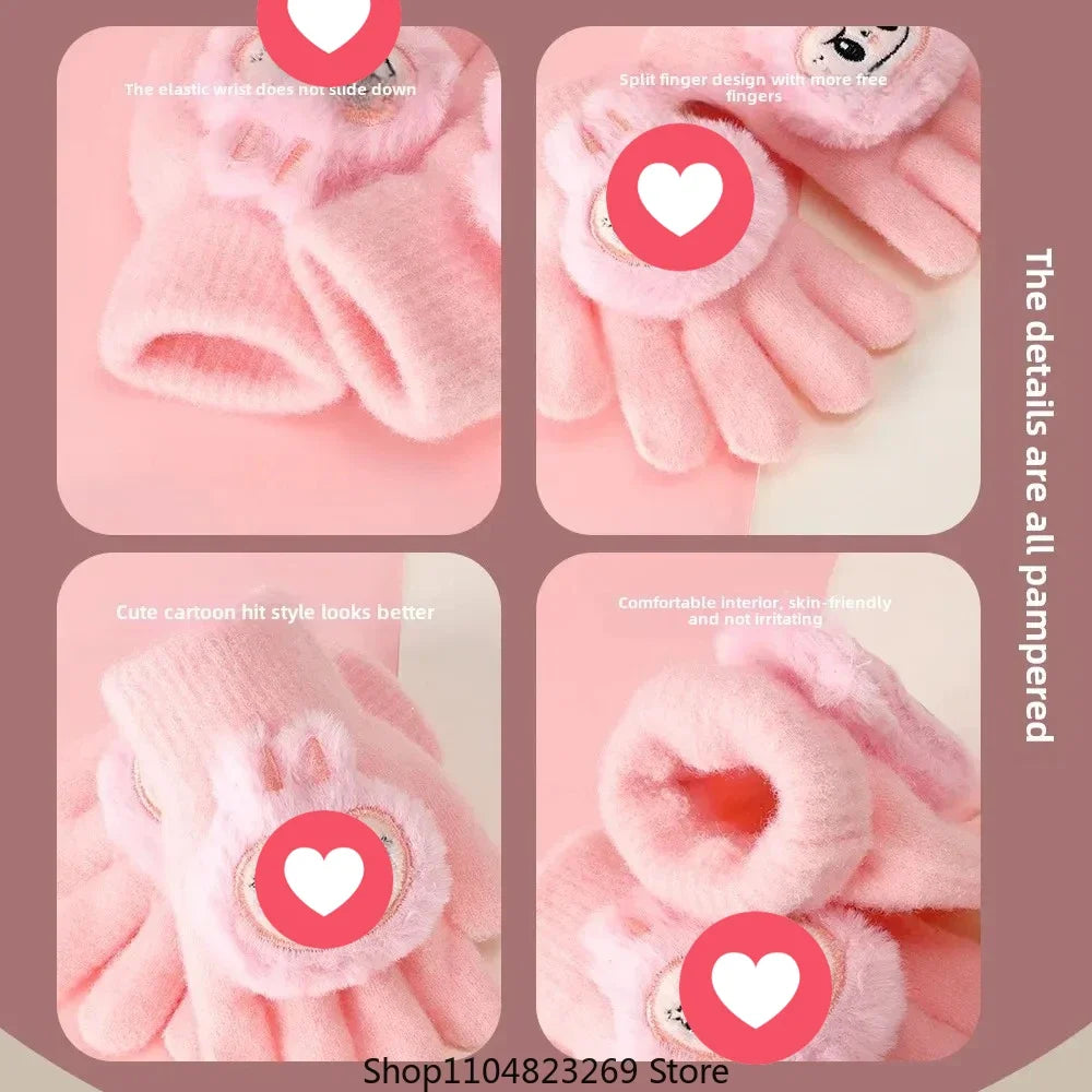 2025 New Children's Five-Finger Warmknit Gloves Winter Warm Simple Cartoon Design Universal Fit For Boys And Girls