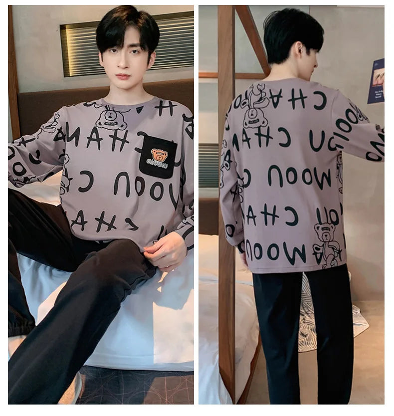 Plus Size Men Pajamas Autumn Winter Long-Sleeved Loose Leisure Cartoon Bear Striped 2PCS/Set Black O-Neck Soft Casual Loungewear