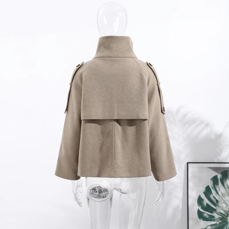 Elegant Women's Short Woolen Coats Stand Collar Double Breasted Long Sleeve Female Jacket 2025 Autumn Winter Lady Warm Outwear