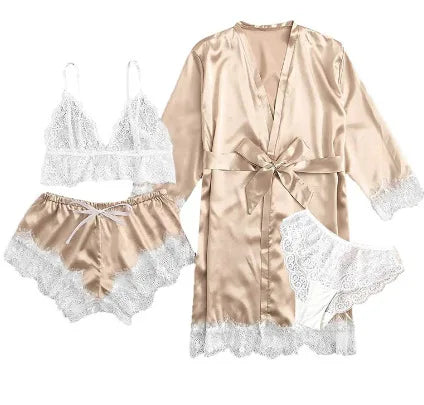 new Women's Sleep Lounge New Pajama Sets European American 4-piece set with lace satin suspender summer set for sleeping pajamas