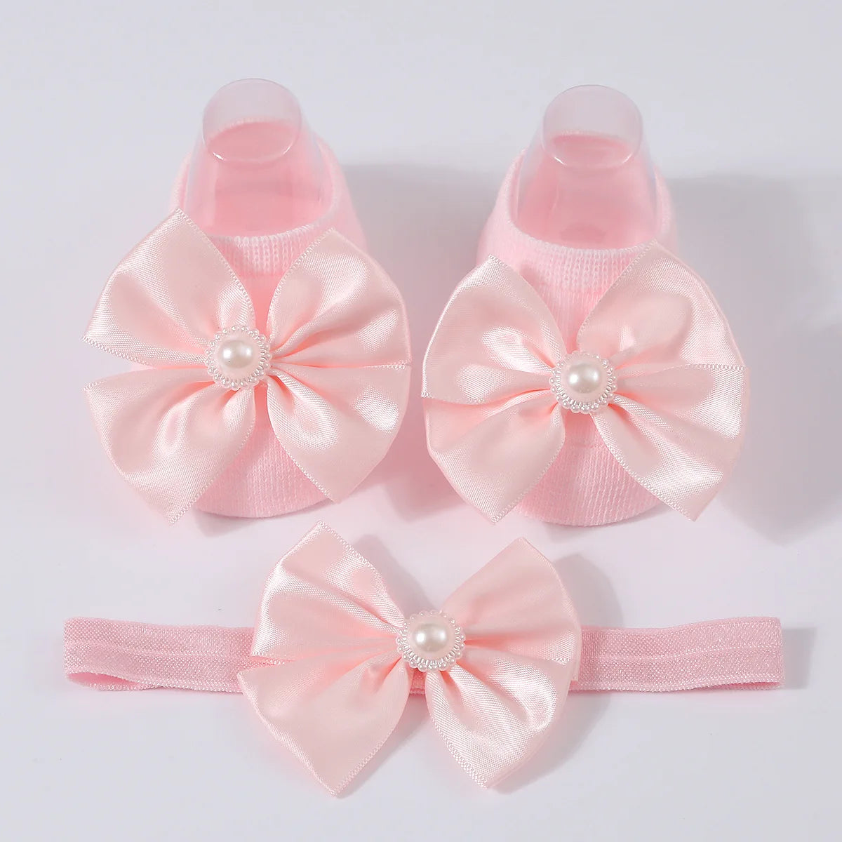 1Set New Baby Pearl Bowknot Headbands Socks Newborn Toddler Soft Prewalker Sock Girl Infant Cute Knitted Cotton Hairband Socks