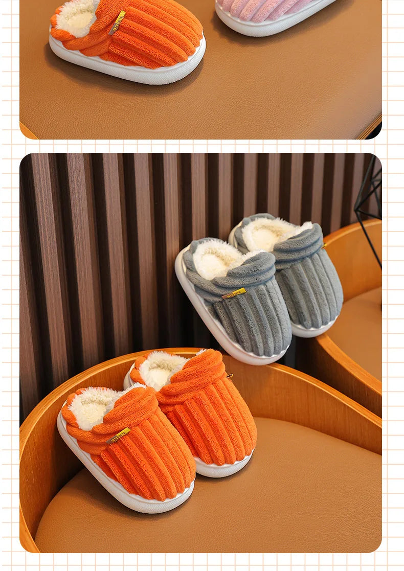 Winter children's cotton slippers for boys and girls, anti slip and warm bags, and parent-child fuzzy and plush home baby cotton