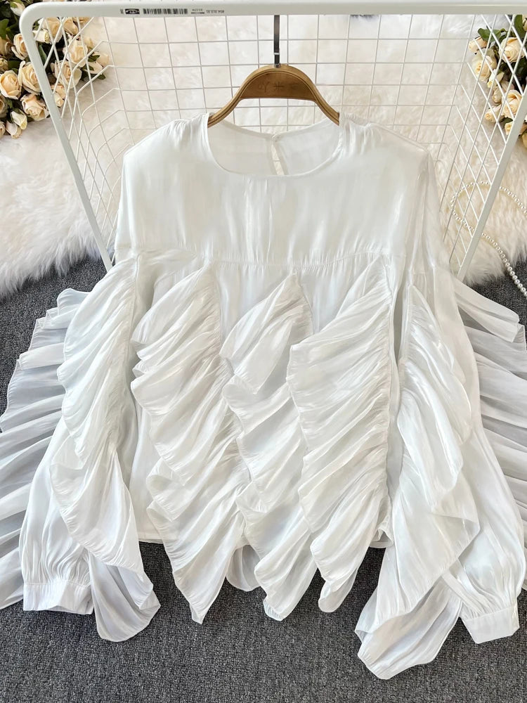Women Spring Autumn Blouse New European American Vintage Round Neck Ruffle Loose Long Sleeved Foreign Style Irregular Top D2338