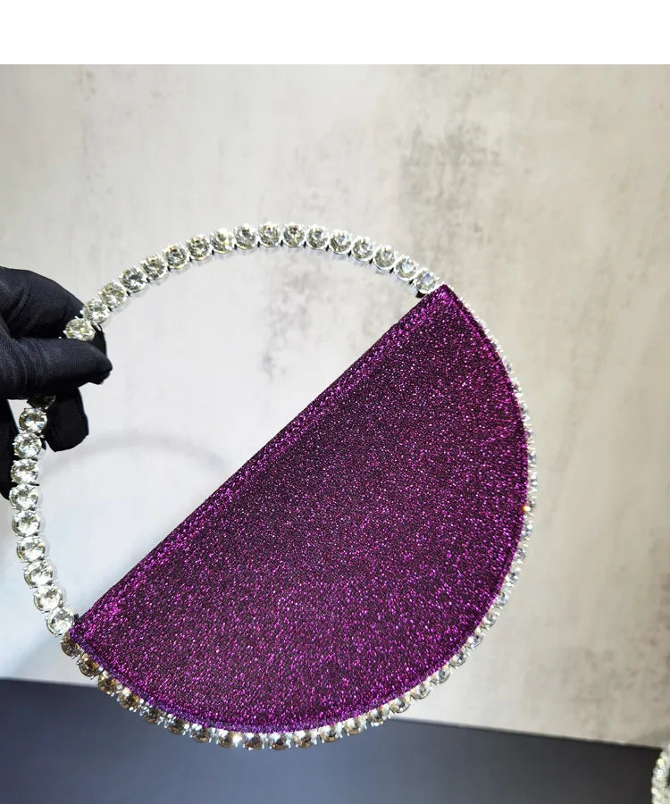 Lady Blue/Pink Diamond Circular Evening Bag Women Fushia Round Handle Rhinestone Dinner Clutch Purse Ladies Half Moon Handbags