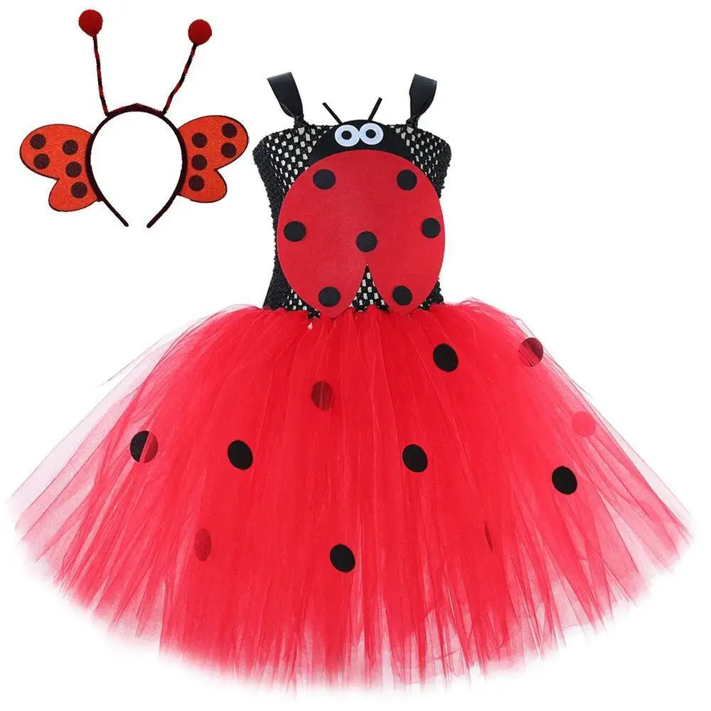 Black Red Lady Beetle Costumes for Baby Girls Ladybird Tutu Dress with Wings Kids Halloween Outfit Children Birthday Clothes