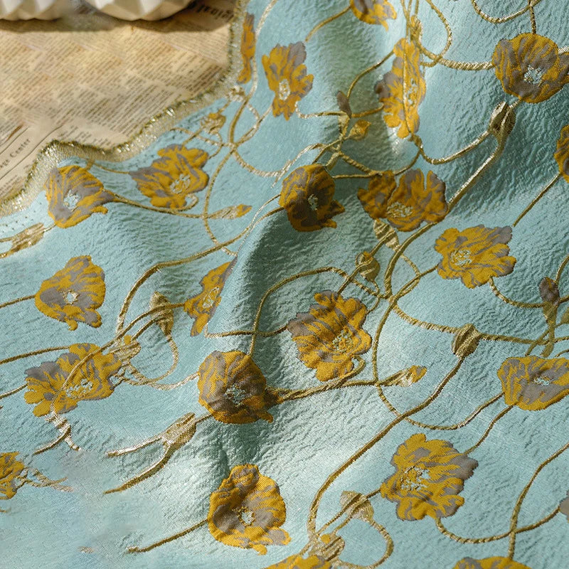 Lake Green Gold Silk Embossed Yarn Dyed Jacquard Fabric Spring Autumn Tutu Skirt Palace Style Dress Making Fabric 50cmx140cm
