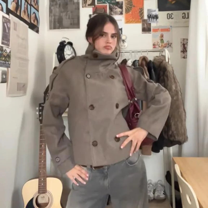 Elegant Women's Short Woolen Coats Stand Collar Double Breasted Long Sleeve Female Jacket 2025 Autumn Winter Lady Warm Outwear