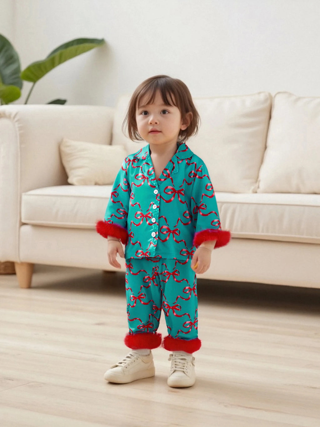 1-7T Baby Boy Girl Christmas Silk Pajamas Set Button Down Deer Santa Long Sleeve Shirts Tops and Pants Satin Pj Sets