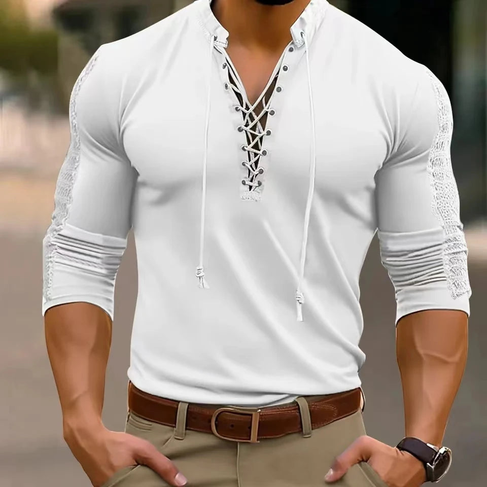 2025 Spring Autumn Men T-Shirts Mesh Patchwork Long Sleeve Top Tees Solid Lace Up V-Neck Casual Bottom Blouse Men Tees Tops