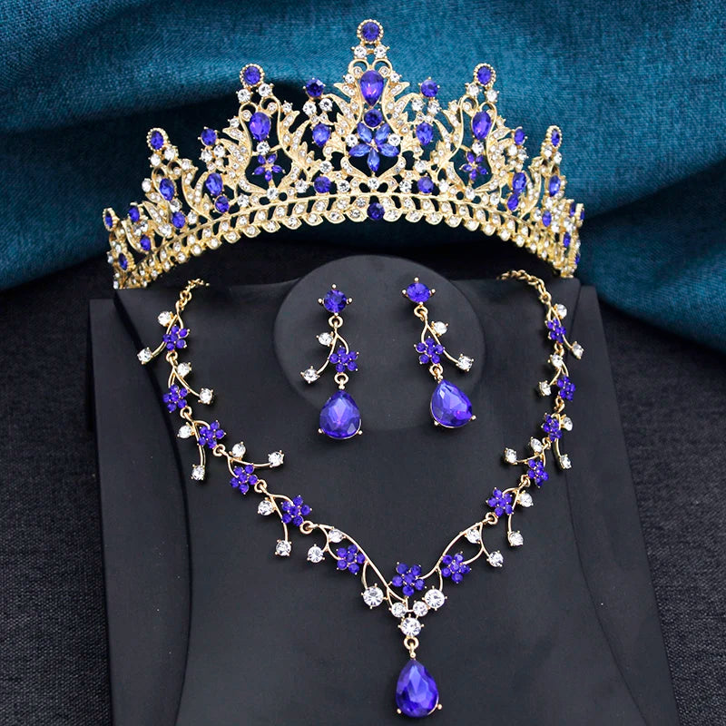 Purple Tiara Flower Bridal Jewelry Sets for Women 3Pcs Tiaras and Necklace Earrings set Wedding Crown Brides Costume Accessories