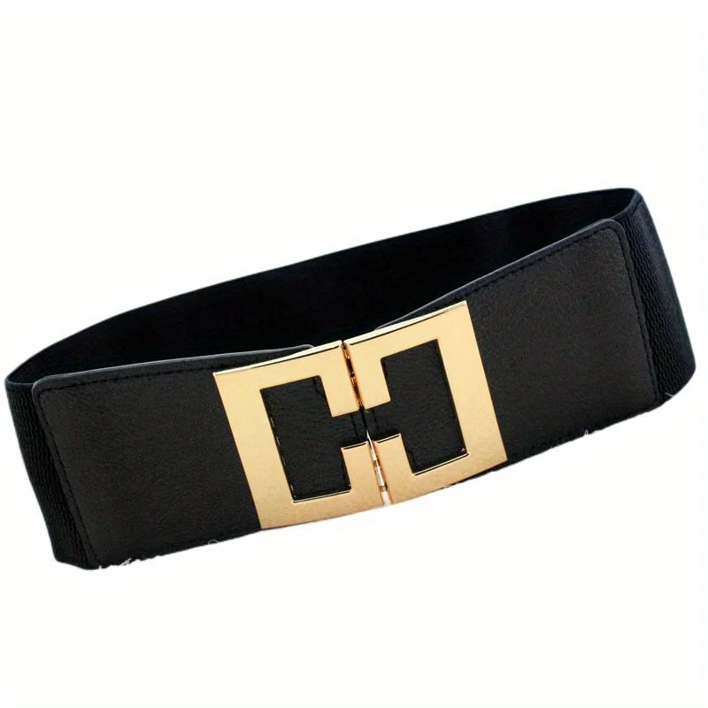Vintage Buckle Wide Elastic Belt Black Waistband Solid Color Decorative Belts Dress Girdle For Women