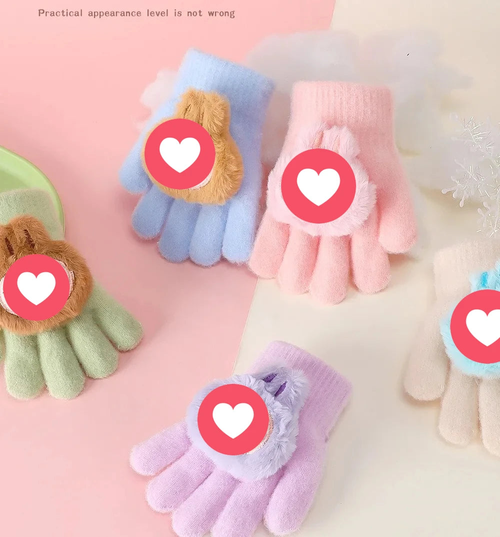 2025 New Children's Five-Finger Warmknit Gloves Winter Warm Simple Cartoon Design Universal Fit For Boys And Girls