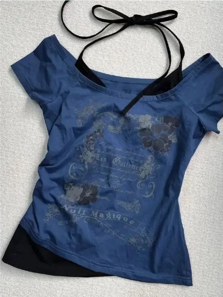 Vintage Fake Two Piece Halter Lace Up T-shirts Y2k Slim Fit Print Tops Women Off Shoulder Short Sleeve Tee Shirt