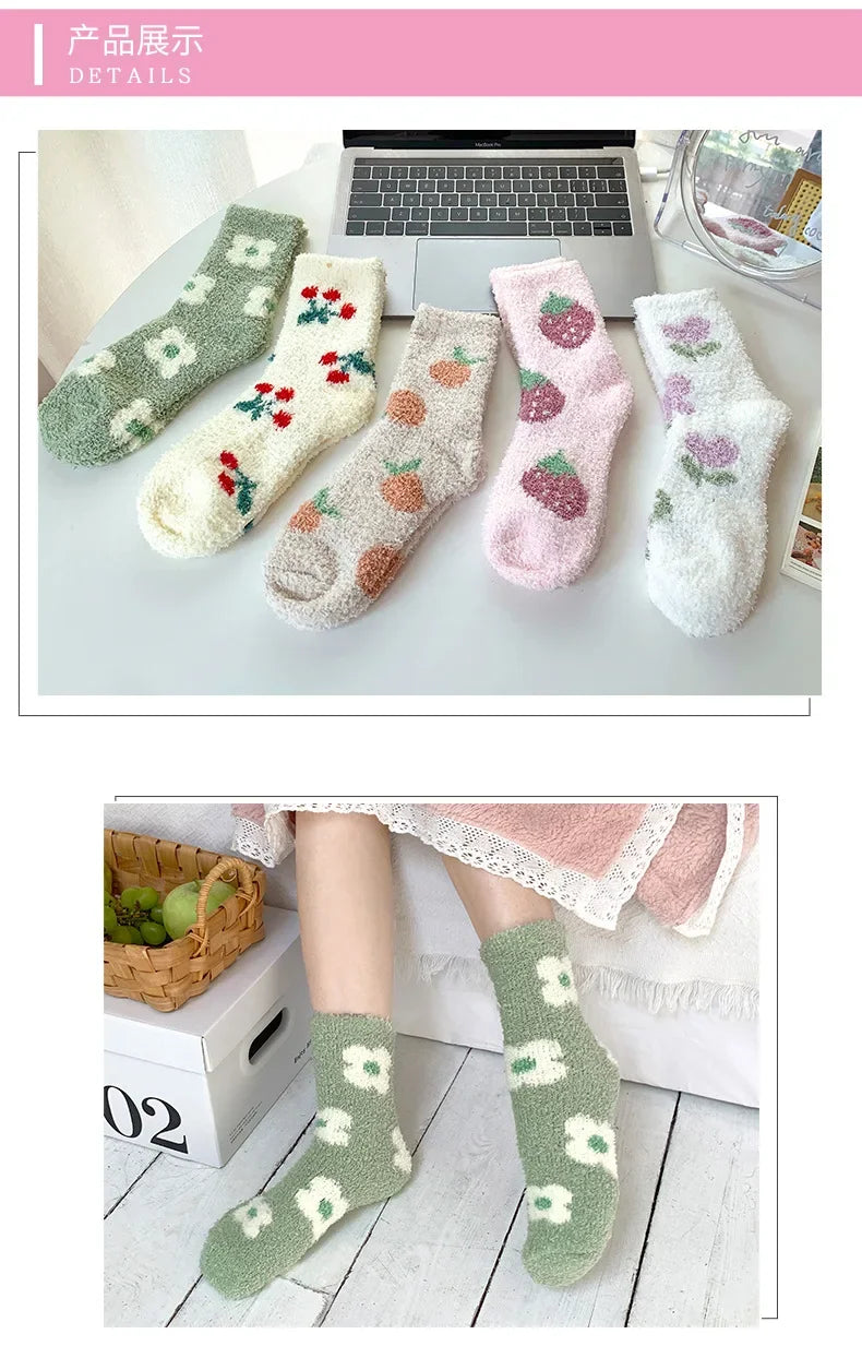 Japanese Kawaii Cute Socks Autumn Winter Thicken Warm Soft Plush Women Socks Coral Fleece Thermal Homewear Floor Sleeping Socks