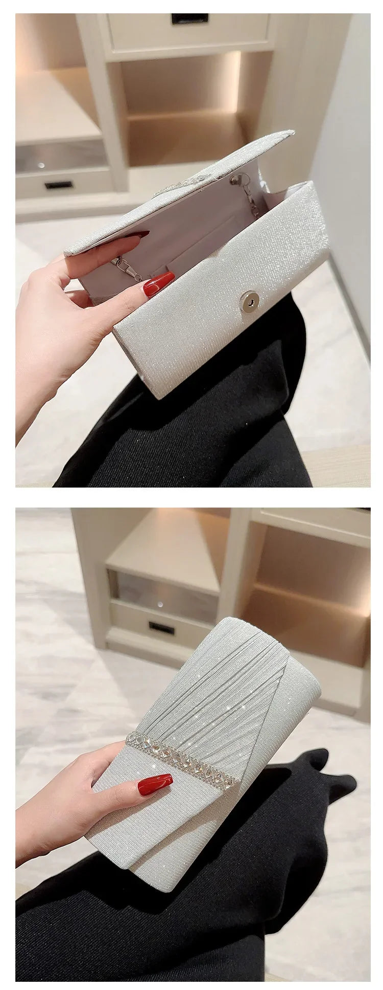 Wedding Party Handbag Ladies Glitter Silver Clutch Bag Envelope Evening Bag Fashion Elegant Long Purse Women Chain Shoulder Bags