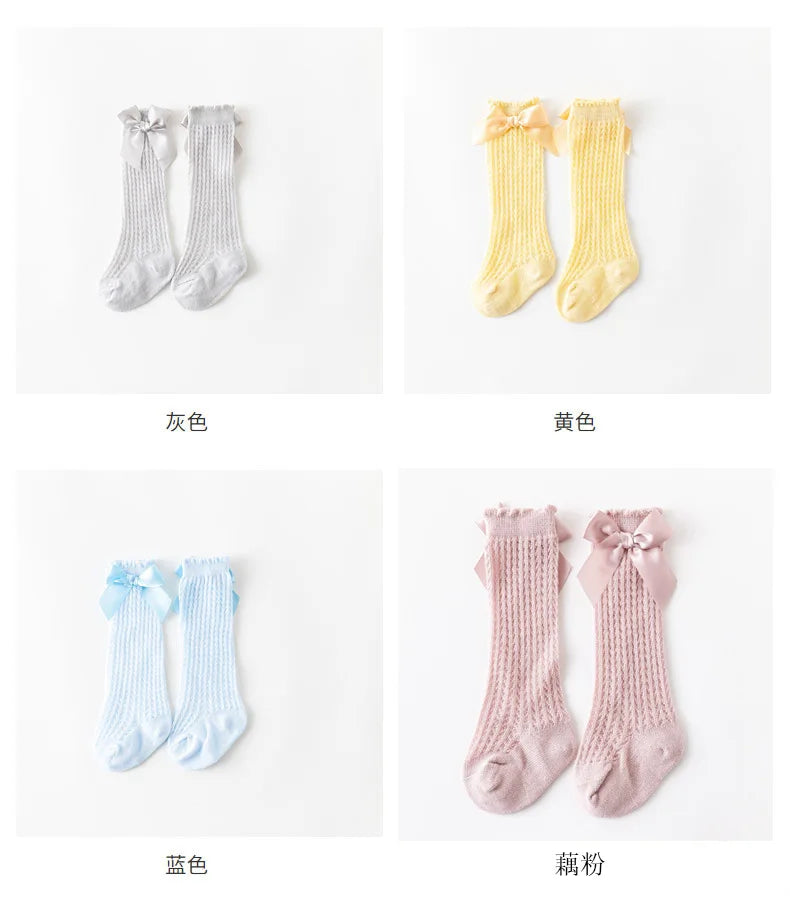Simmer Spring Mesh Thin Cotton Korean Bow White Stockings Baby Princess Knee High Long Socks with Lace Ruffles for Newborn Girls