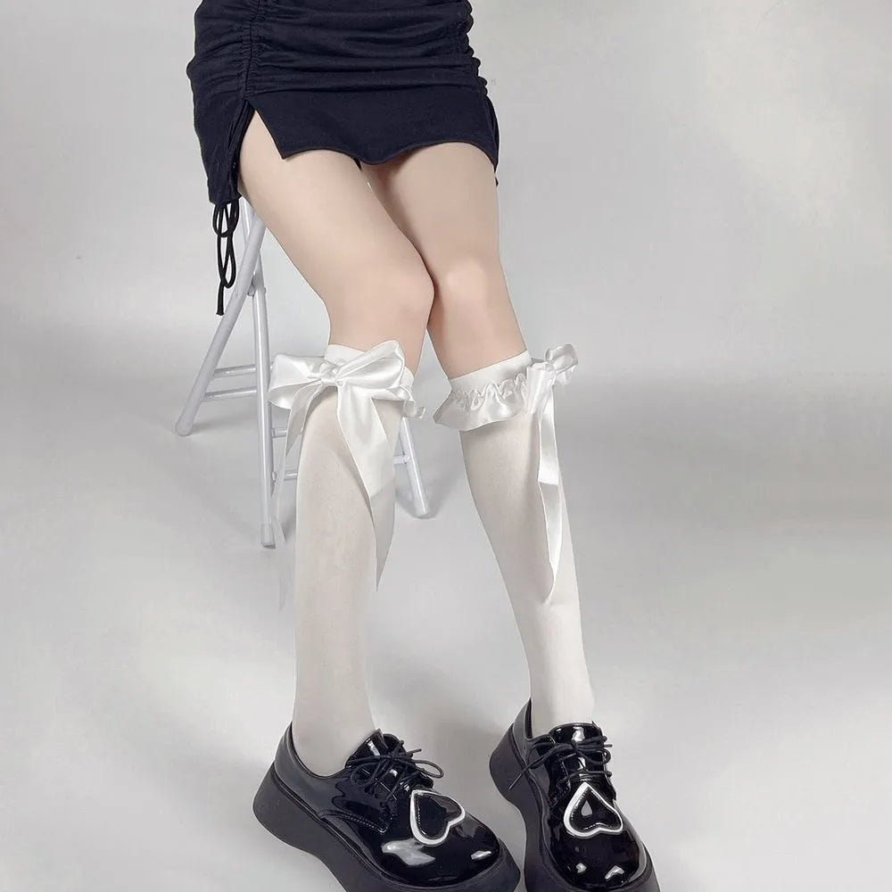 Women's Socks Jpanese Beauty Kawaii Sweet Girl Lace High Socks Cute Cool Bow Ribbon Knee Socks Moda Feminina Roupas Lolita Socks