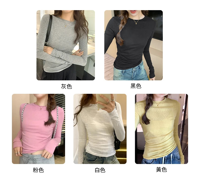 2025 Spring Autumn T shirt Women Tops Solid Slim Fit Long Sleeve O Neck Tshirts Female Casual Streetwear High Quality Base Tees