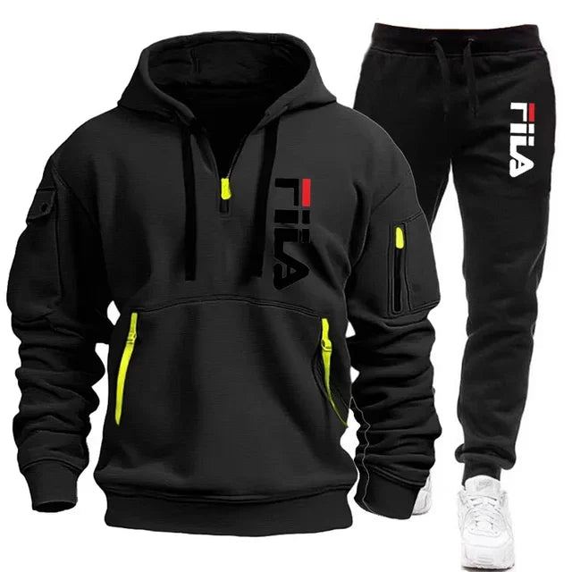 Autumn and Winter 2025 new men's hooded sweatshirt + pants two-piece set, outdoor multi-pocket men's pullover sportswear set