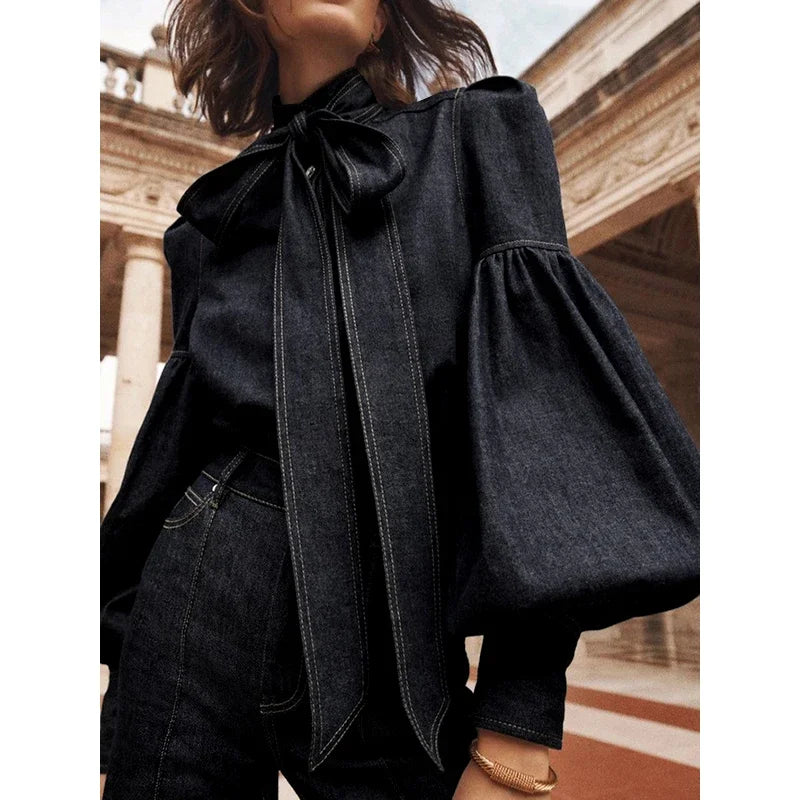 Beautyblue Elegant Women's Imitation Denim Blouse Tops Spring 2025 New Fashion Puff Sleeves Bow-Embellished Female Shirts S-3XL