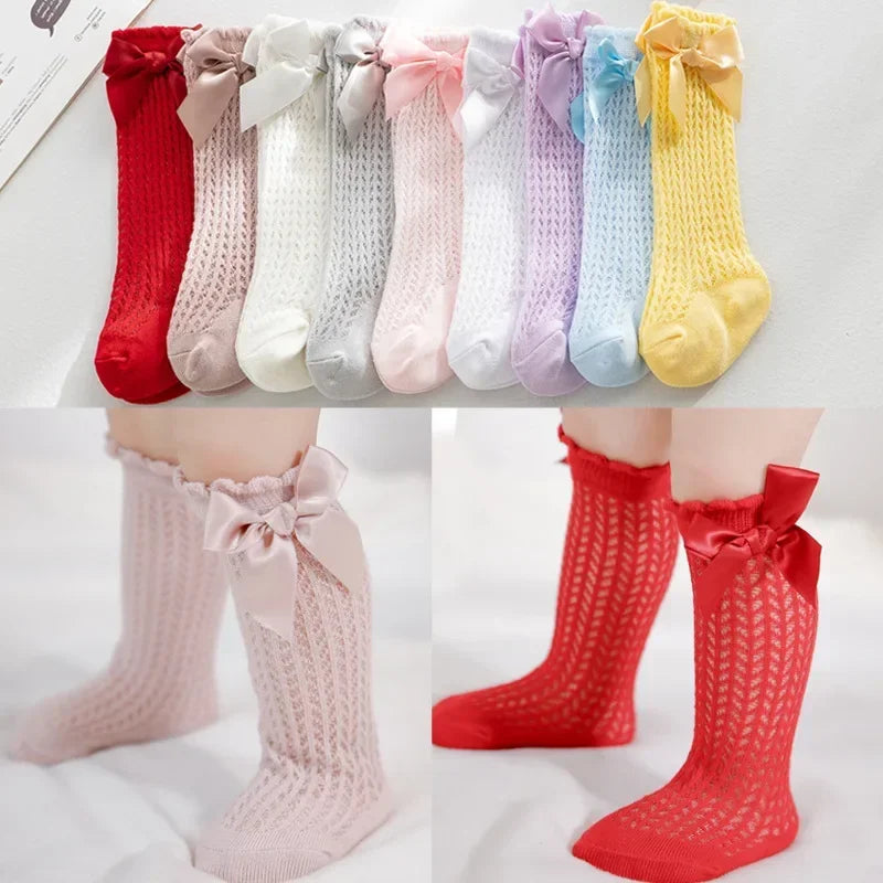 Simmer Spring Mesh Thin Cotton Korean Bow White Stockings Baby Princess Knee High Long Socks with Lace Ruffles for Newborn Girls
