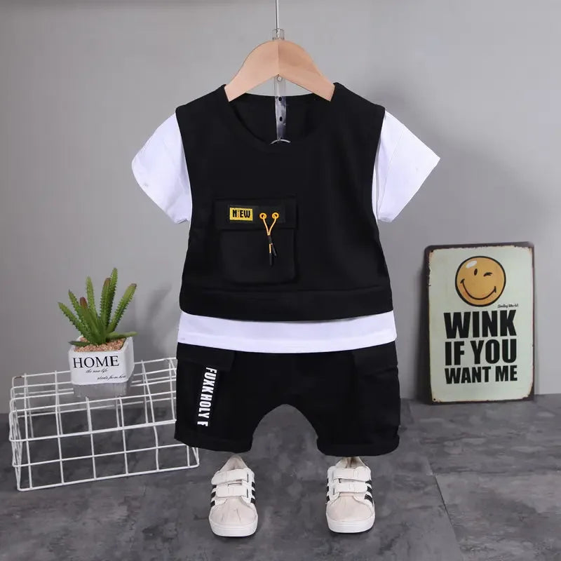 New Children Cotton Clothes Summer Kids Boys Patchwork T Shirts Shorts Pants 2Pcs/sets Infant Kids Toddler Tracksuits 0-5 Years