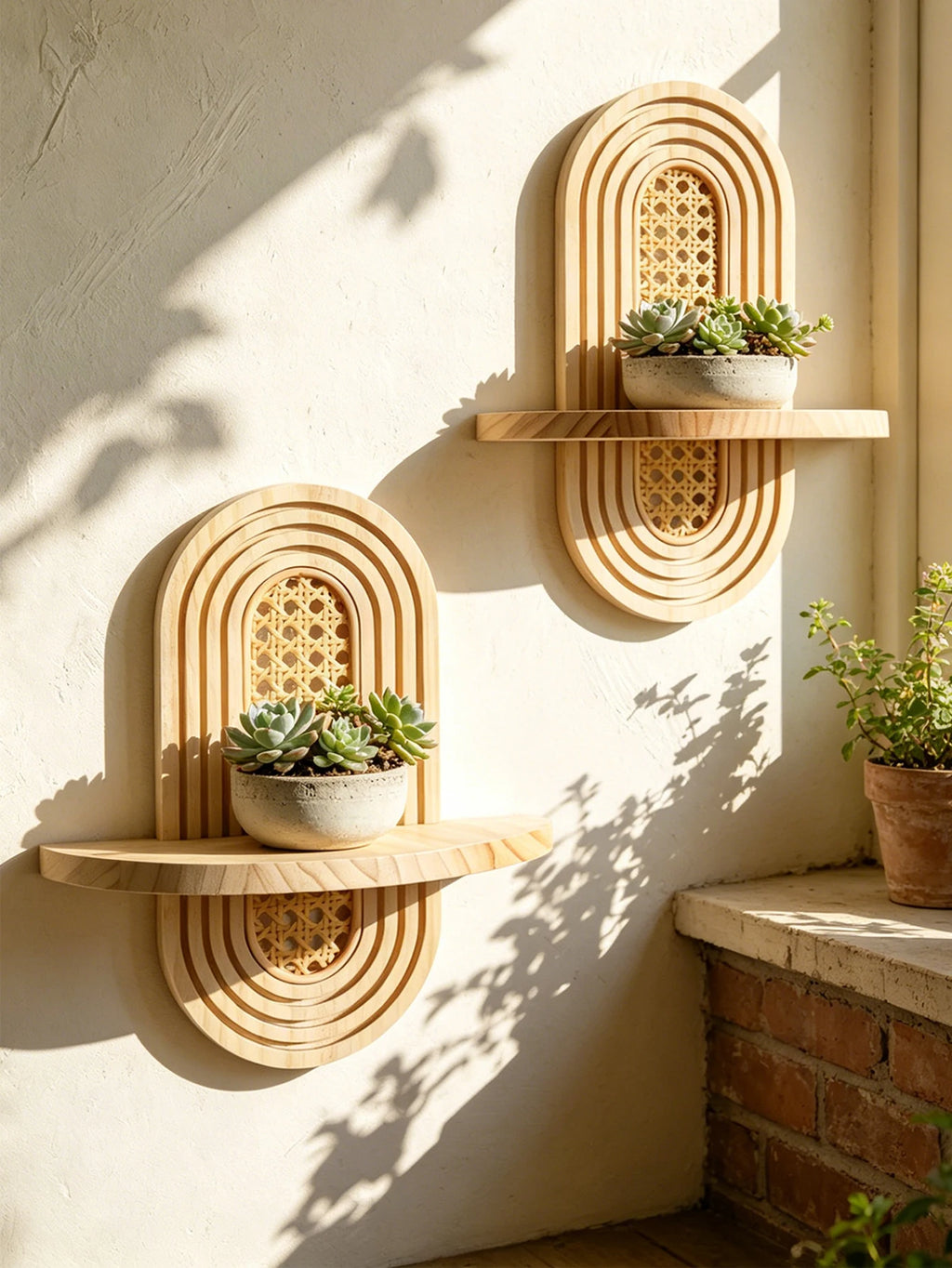 1Pc Boho Style Wooden Wall Shelves - Geometric Wall Mounted Shelves, Natural Wood Finish, Modern Home Decor, Plant Decorative