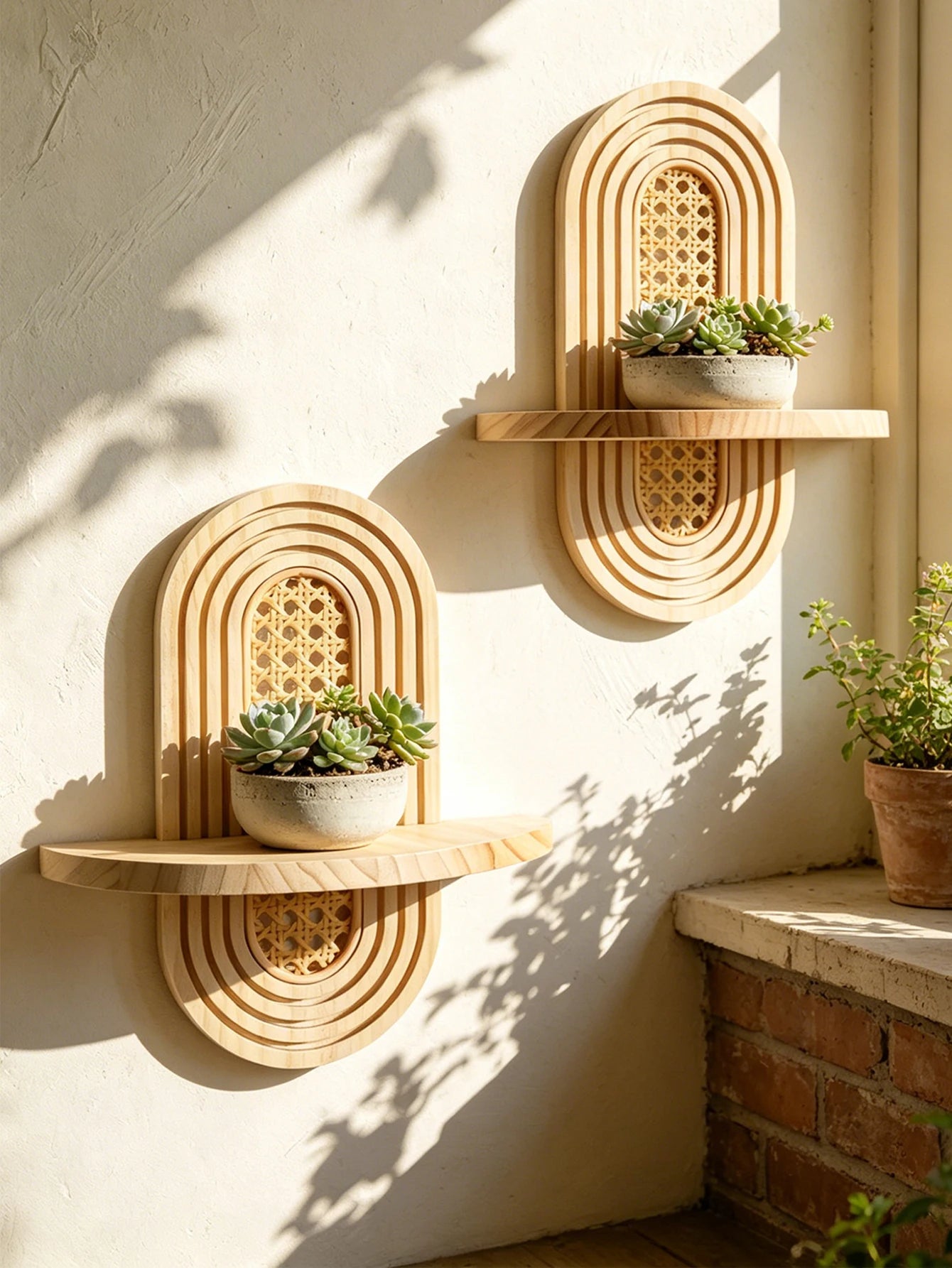 1Pc Boho Style Wooden Wall Shelves - Geometric Wall Mounted Shelves, Natural Wood Finish, Modern Home Decor, Plant Decorative