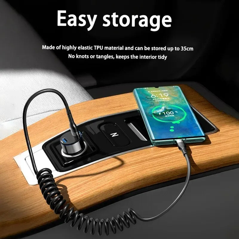 USB Type C 66W Car 5A Fast Charging Type C to Type C Spring Telescopic Cable For iPhone 15 Samsung Huawei Xiaomi Redmi OnePlus