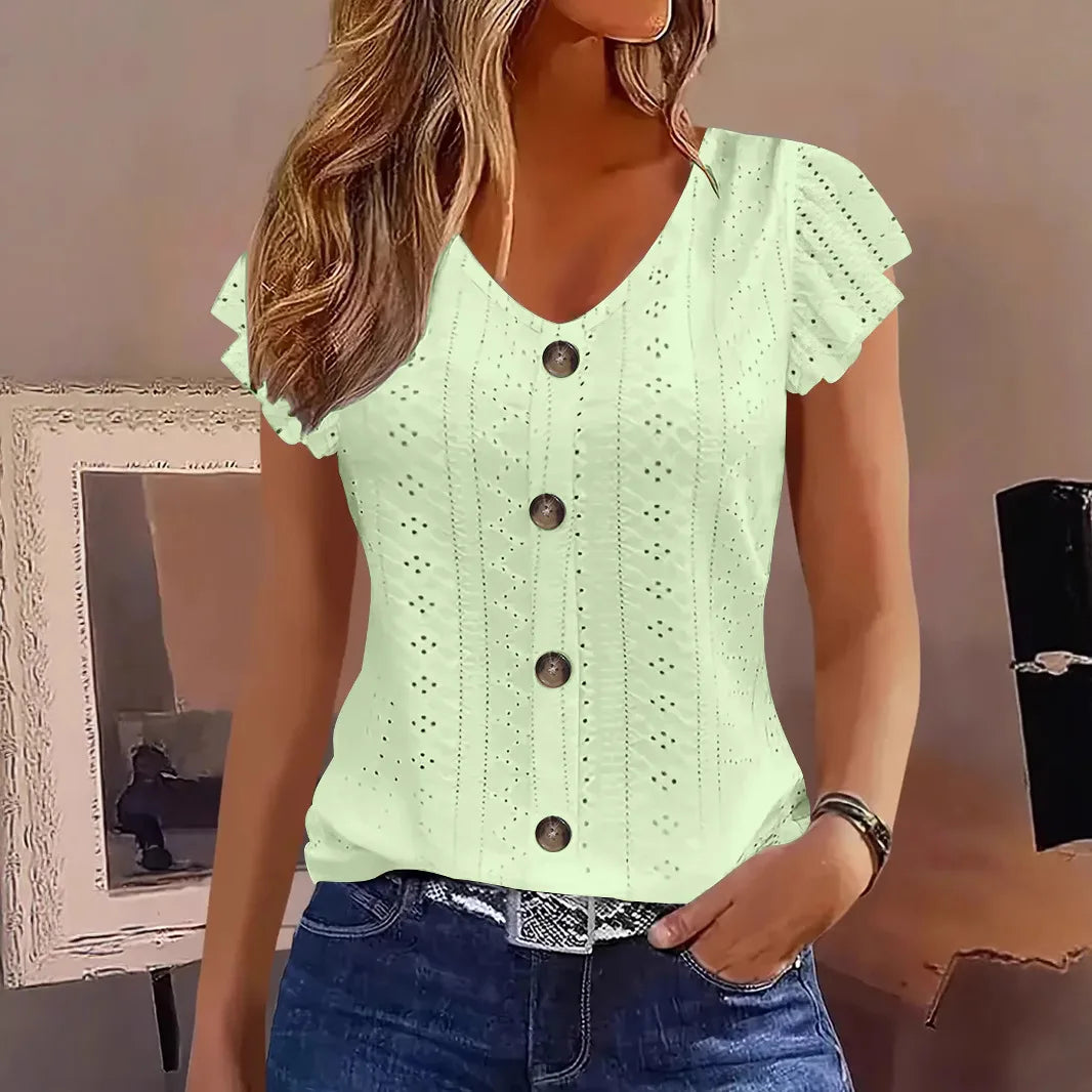 2025 Women's Sexy Tops Casual Solid Color V Neck Short Sleeve Shirts Summer Women's Button Casual Ladies Loose Fashion Blouses