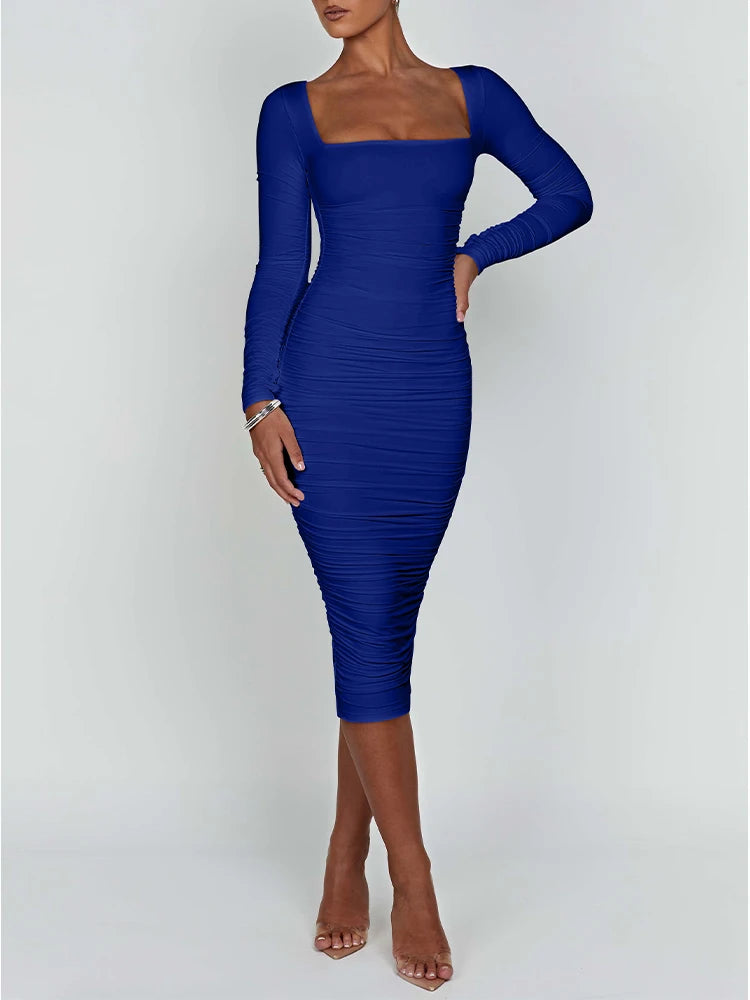 Autumn and Winter Women Sexy Bodycon Dress Square Neck Long Sleeved Ladies Evening Dresses