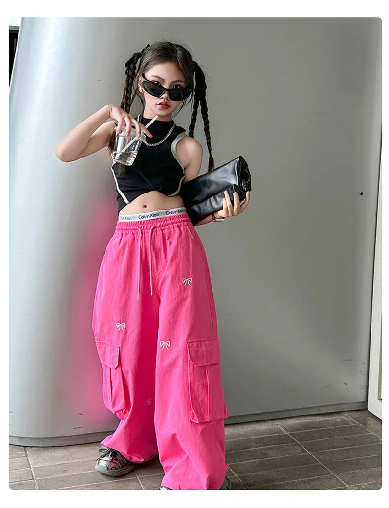 Stylish Loose-fit Cargo Pants Girls Summer Arrival Hip Hop Street Dance Trousers Teenage Streetwear Baggy Joggers Pants 5-14Y
