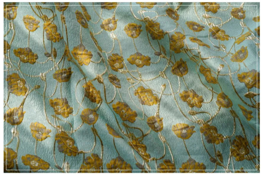 Lake Green Gold Silk Embossed Yarn Dyed Jacquard Fabric Spring Autumn Tutu Skirt Palace Style Dress Making Fabric 50cmx140cm