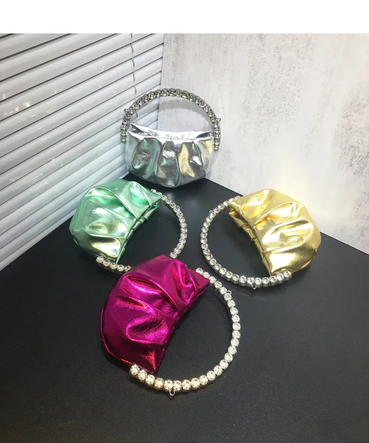 Lady Blue/Pink Diamond Circular Evening Bag Women Fushia Round Handle Rhinestone Dinner Clutch Purse Ladies Half Moon Handbags