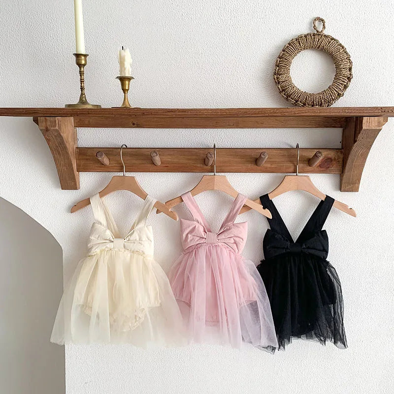 2024 New Summer Baby Tutu Dress Big Bow Birthday Clothes for Newborn Toddler Suspenders Gauze Bodysuit for Girls