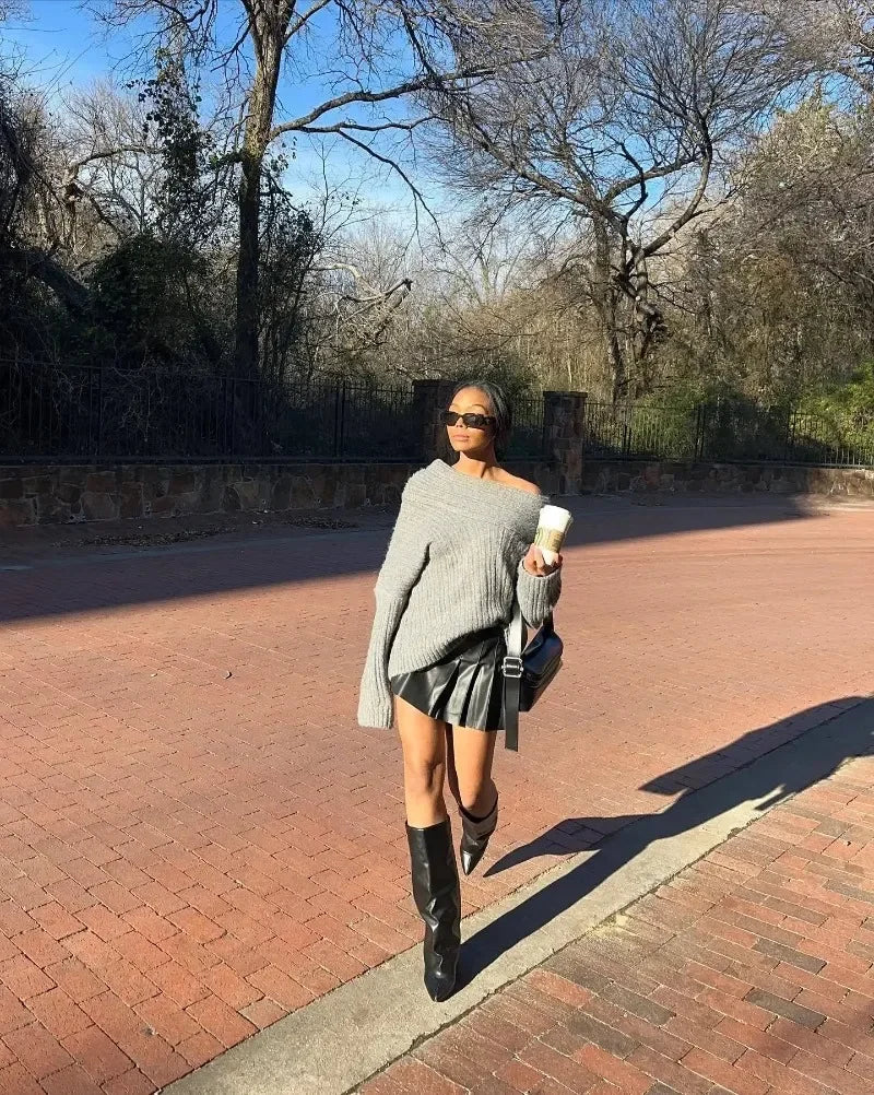 Tuularose Women's Off-Shoulder Sweater Fashion Loose Casual Brown Retro Pullover Spring High Street Office Lady Tops Knitwear