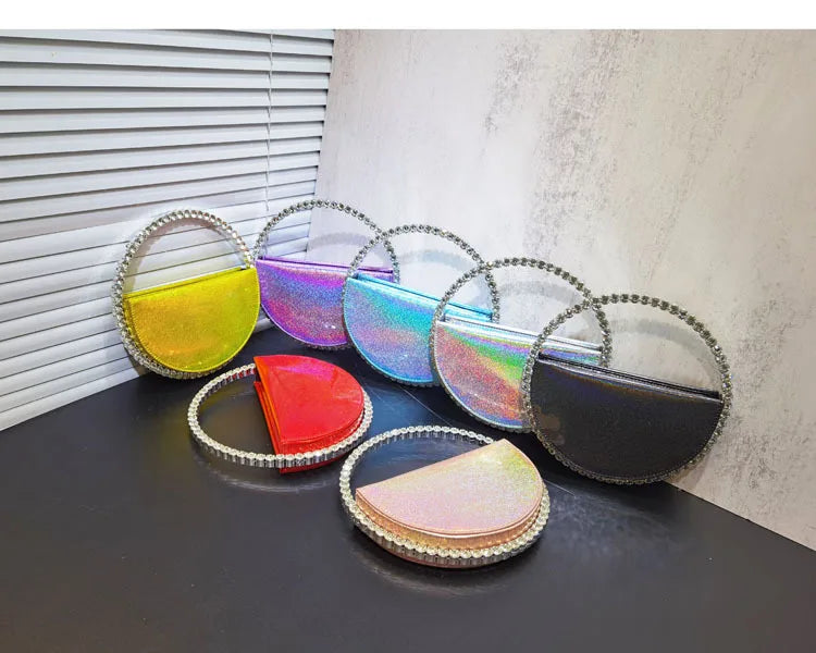 Lady Blue/Pink Diamond Circular Evening Bag Women Fushia Round Handle Rhinestone Dinner Clutch Purse Ladies Half Moon Handbags