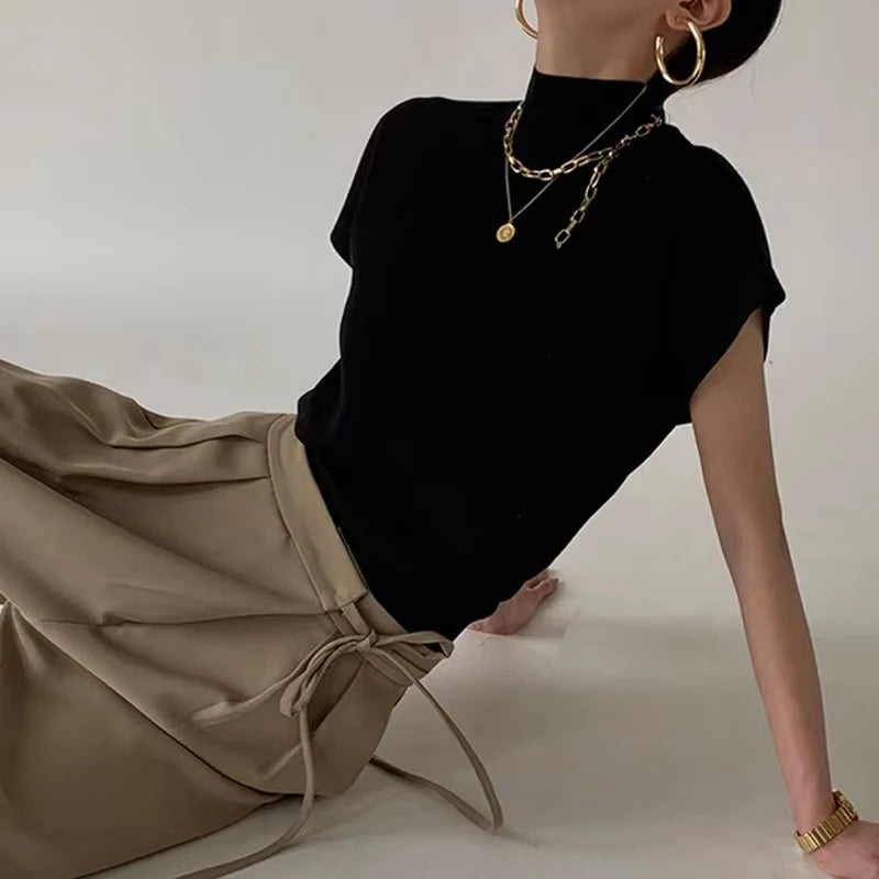 Fashion Stand-up Collar Slim Women Knitted Vest Loose Solid Elegant Straight Tops Short Sleeve Office Lady T Shirt Loose Shirt